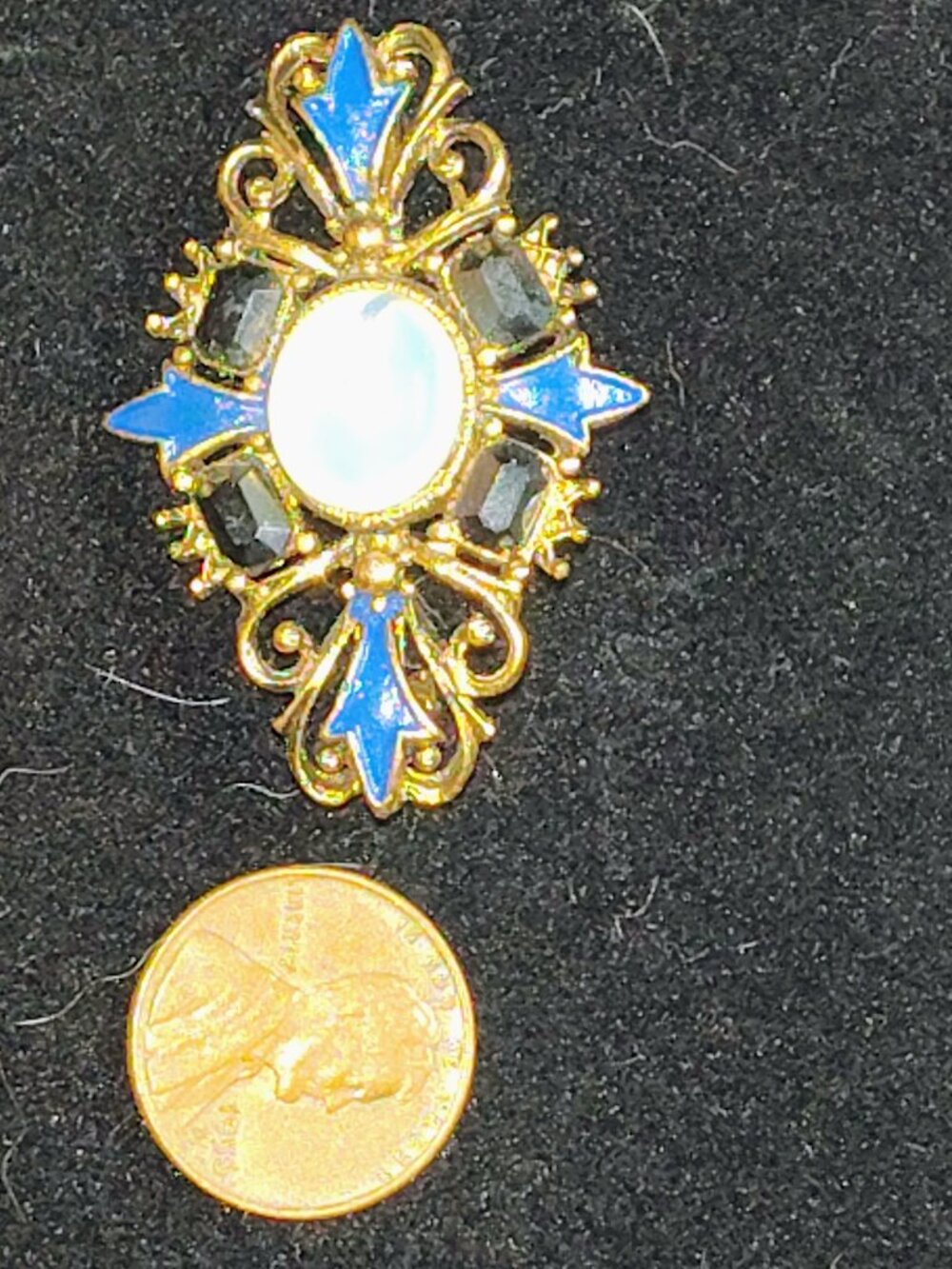 Vintage Revival Faux Moonstone Brooch • Cobalt Enamel • Black Rhinestones • 1960